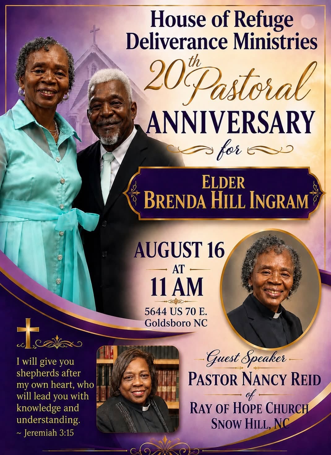 20th Pastoral Anniversary flyer for Elder Brenda Hill Ingram — August 16 at 11 AM, 5644 US 70 E, Goldsboro NC. Guest Speaker: Pastor Nancy Reid of Ray of Hope Church, Snow Hill NC.